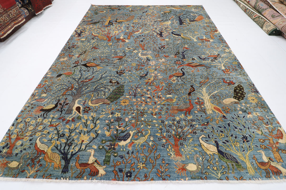 269 x 372 cm | Birds Blue Area Rug Afghan Hand Knotted Veg Dye Wool carpet