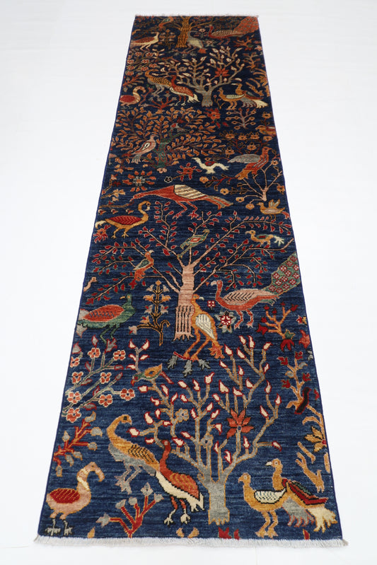 80 x 280 cm | Birds Navy Afghan Tribal Hand Knotted Natural Veg Dye Wool Runner