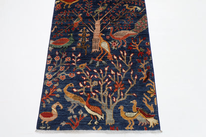 80 x 280 cm | Birds Navy Afghan Tribal Hand Knotted Natural Veg Dye Wool Runner