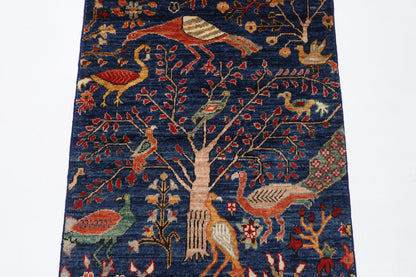 80 x 280 cm | Birds Navy Afghan Tribal Hand Knotted Natural Veg Dye Wool Runner