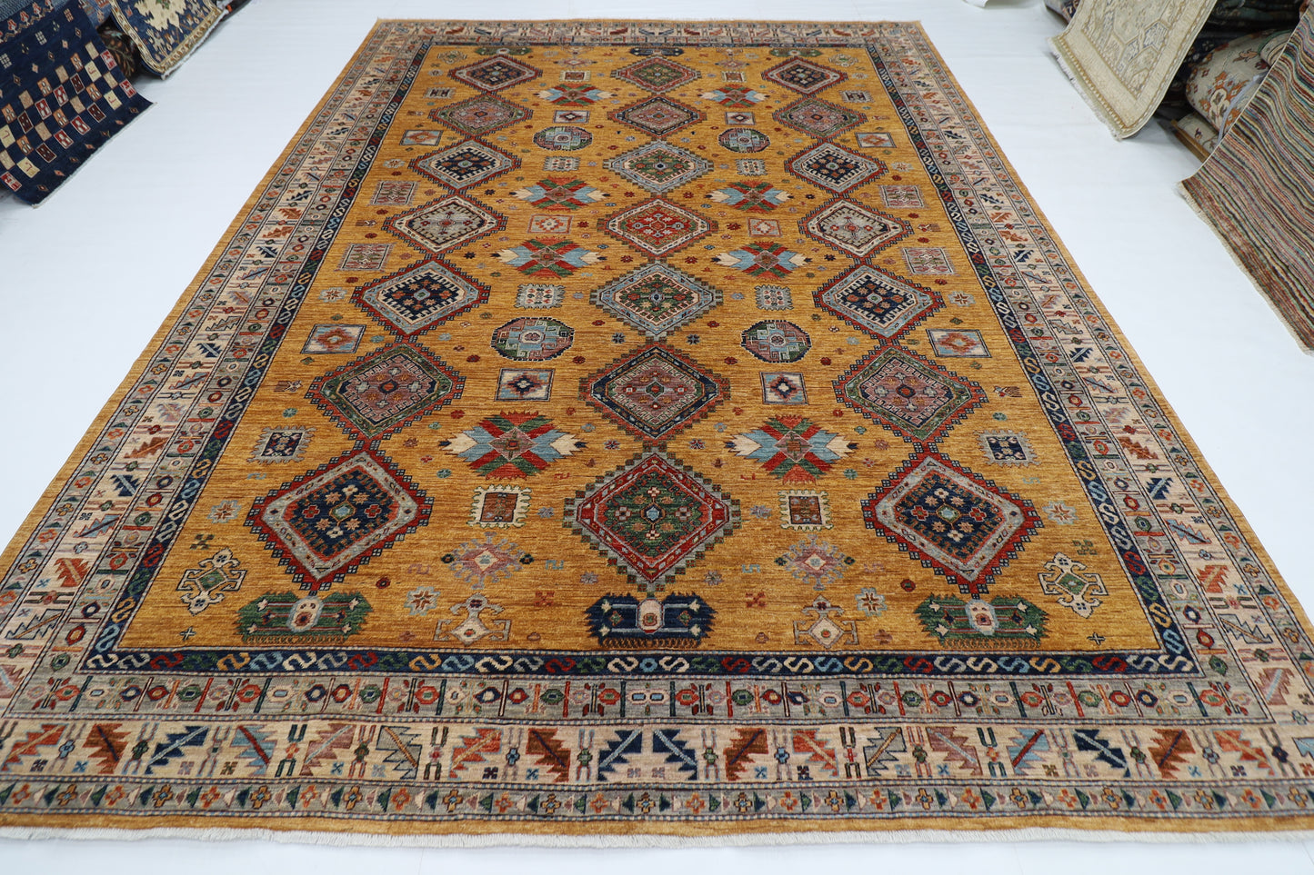 277 x 363 cm | Oriental Geometric Gold Area Rug Afghan Hand Knotted Veg Dye Wool carpet