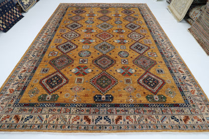 277 x 363 cm | Oriental Geometric Gold Area Rug Afghan Hand Knotted Veg Dye Wool carpet