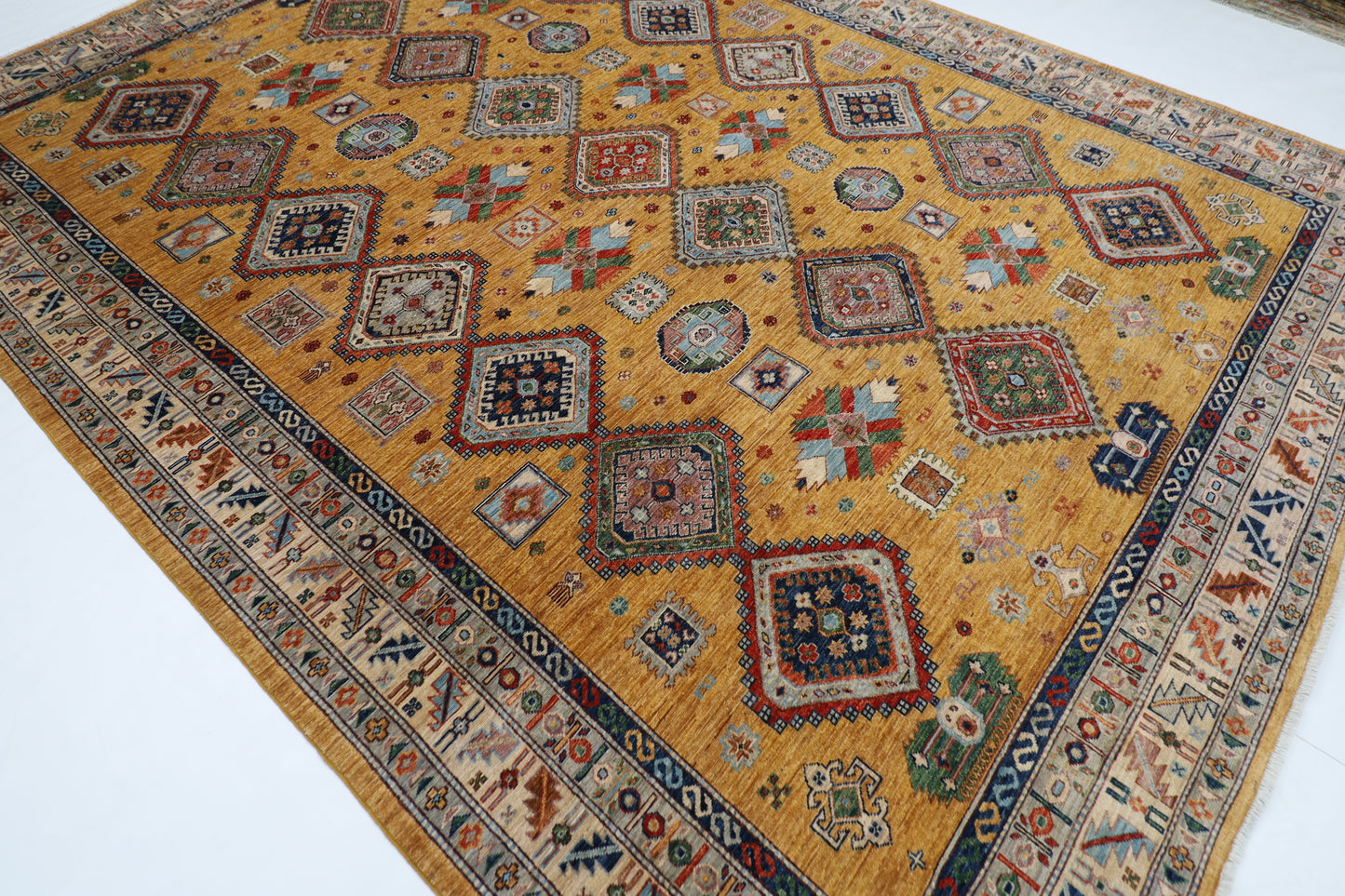 277 x 363 cm | Oriental Geometric Gold Area Rug Afghan Hand Knotted Veg Dye Wool carpet