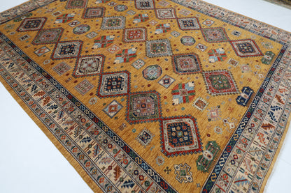 277 x 363 cm | Oriental Geometric Gold Area Rug Afghan Hand Knotted Veg Dye Wool carpet