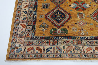 277 x 363 cm | Oriental Geometric Gold Area Rug Afghan Hand Knotted Veg Dye Wool carpet