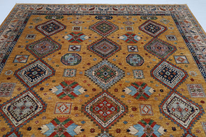 277 x 363 cm | Oriental Geometric Gold Area Rug Afghan Hand Knotted Veg Dye Wool carpet