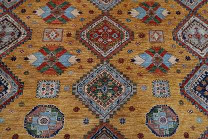 277 x 363 cm | Oriental Geometric Gold Area Rug Afghan Hand Knotted Veg Dye Wool carpet