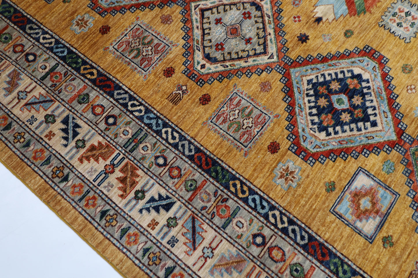 277 x 363 cm | Oriental Geometric Gold Area Rug Afghan Hand Knotted Veg Dye Wool carpet