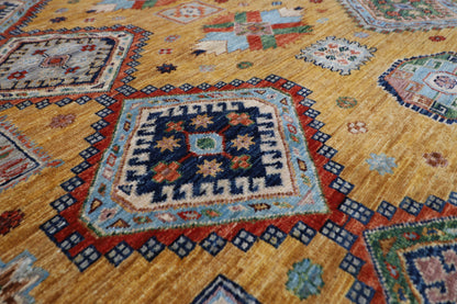277 x 363 cm | Oriental Geometric Gold Area Rug Afghan Hand Knotted Veg Dye Wool carpet
