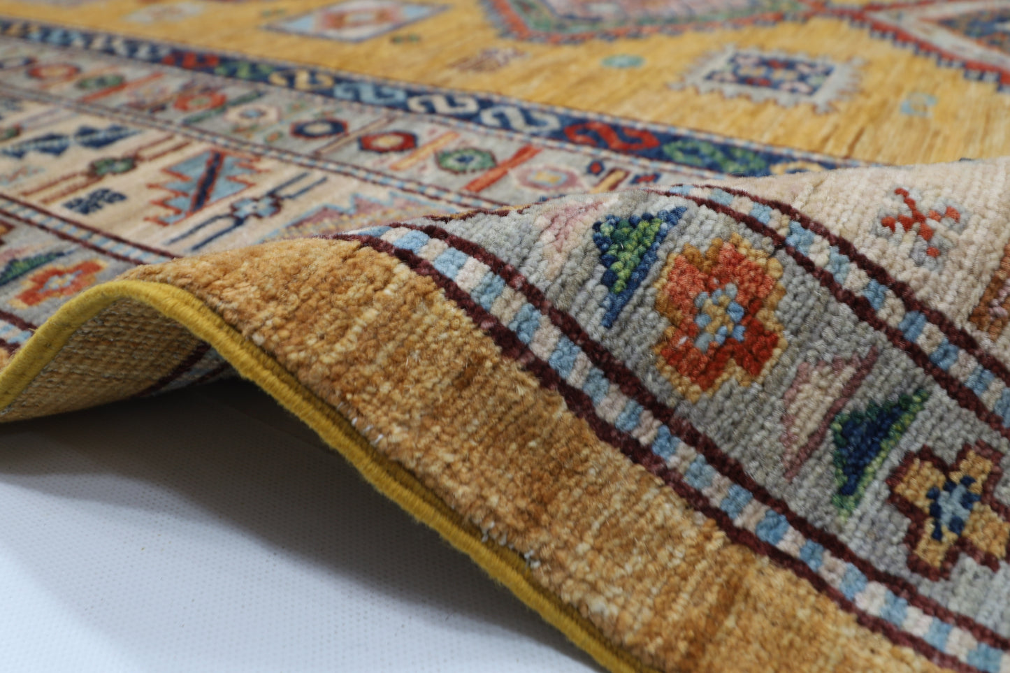 277 x 363 cm | Oriental Geometric Gold Area Rug Afghan Hand Knotted Veg Dye Wool carpet