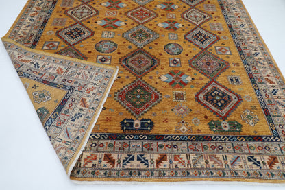 277 x 363 cm | Oriental Geometric Gold Area Rug Afghan Hand Knotted Veg Dye Wool carpet