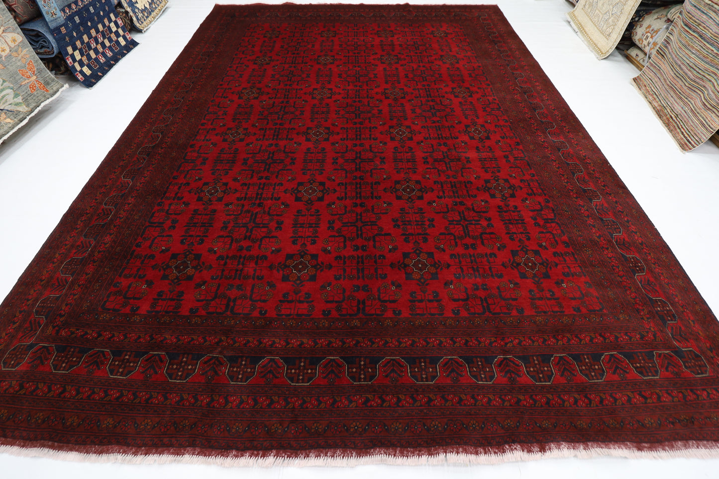 297 x 406 cm | Oriental Geometric Red Area Rug Afghan Hand Knotted Wool carpet