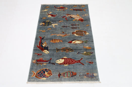 80 x 125 cm | Fish Party Afghan Tribal Hand Knotted Natural Veg Dye Wool Carpet