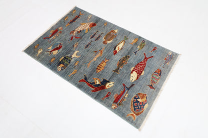 80 x 125 cm | Fish Party Afghan Tribal Hand Knotted Natural Veg Dye Wool Carpet
