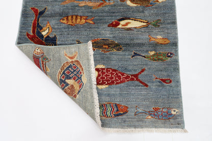80 x 125 cm | Fish Party Afghan Tribal Hand Knotted Natural Veg Dye Wool Carpet