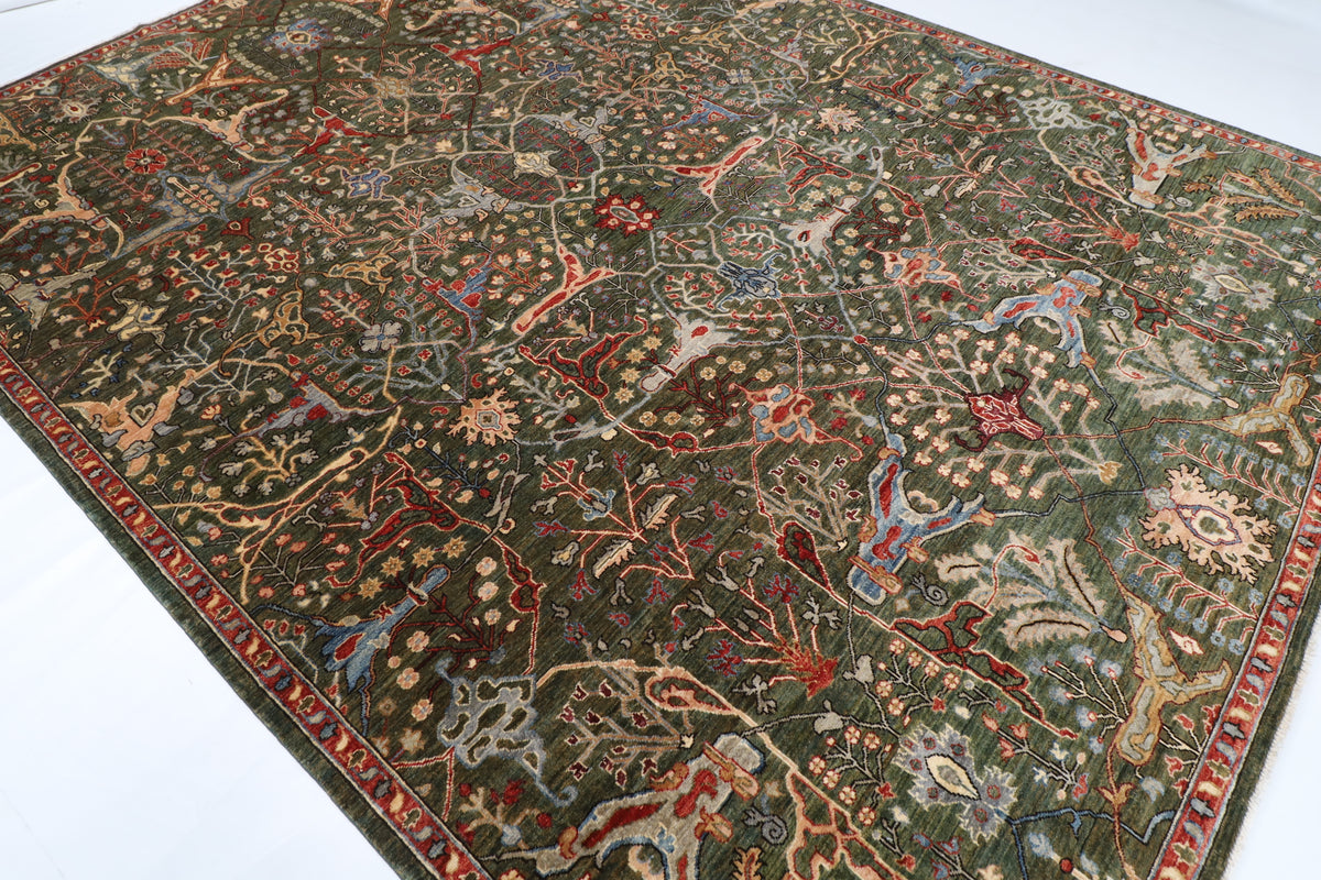 272 x 360 cm | Green Area Rug Afghan Hand Knotted Veg Dye Wool carpet