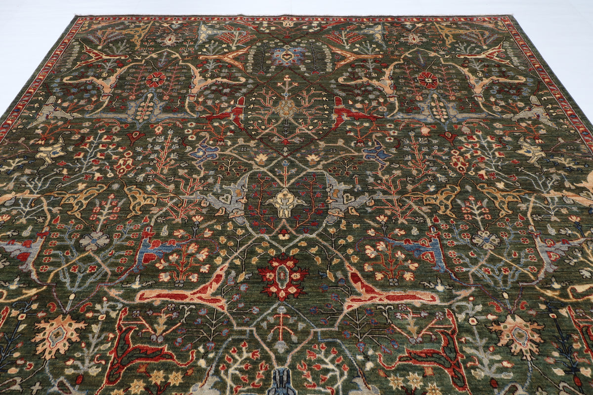 272 x 360 cm | Green Area Rug Afghan Hand Knotted Veg Dye Wool carpet