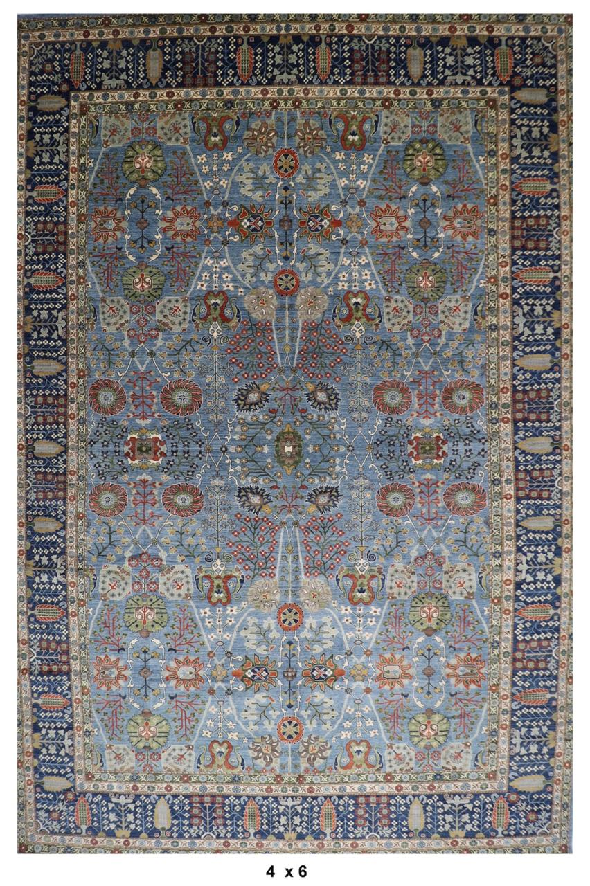 396 x 591 cm | Floral Blue Area Rug Afghan Hand Knotted Veg Dye Wool carpet