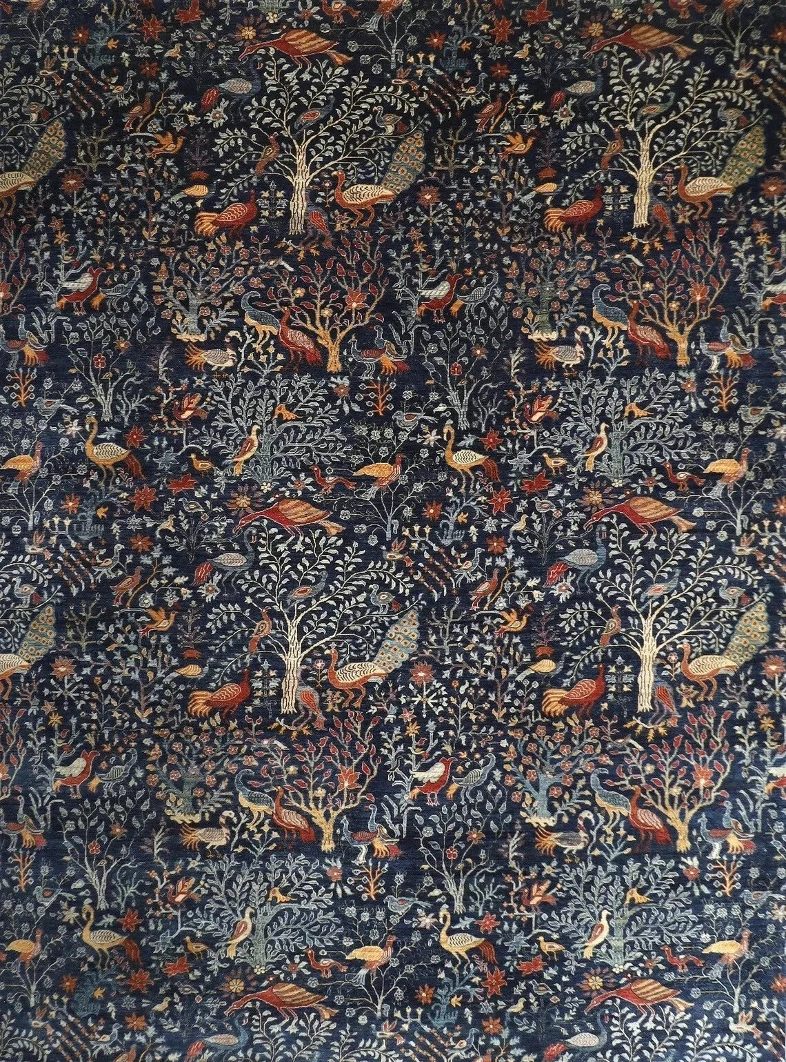 361 x 460 cm | Birds Navy Blue Handmade Large Size Afghan Area Rug Hand Knotted Carpet Living Room Rug