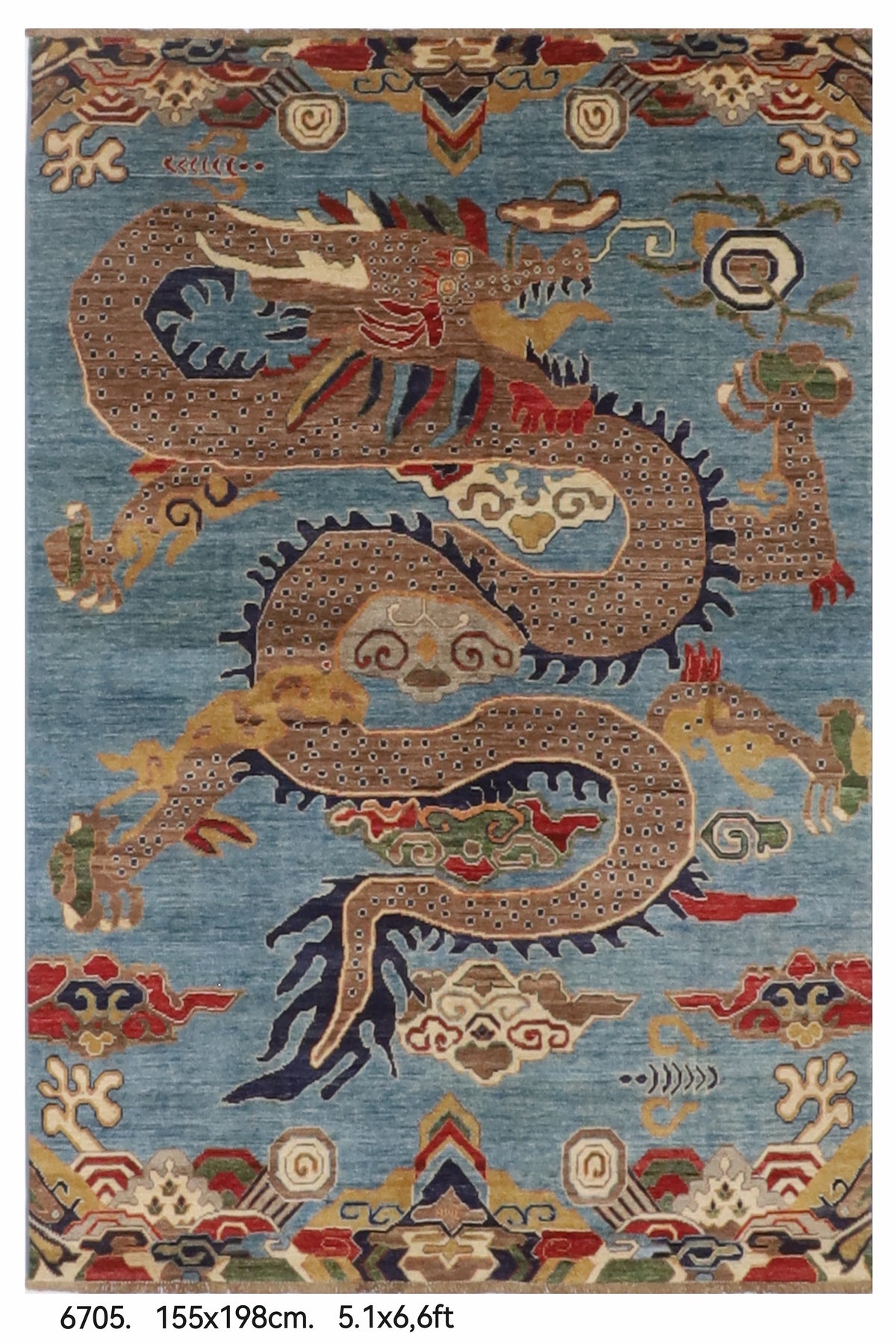 155 x 198 cm | Dragon Blue Hand Knotted Wool Afghan Carpet