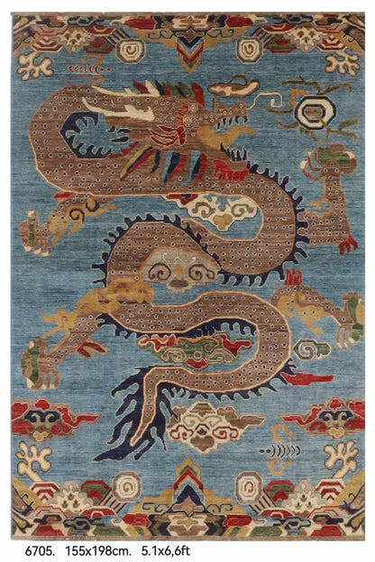 155 x 198 cm | Dragon Blue Hand Knotted Wool Afghan Carpet