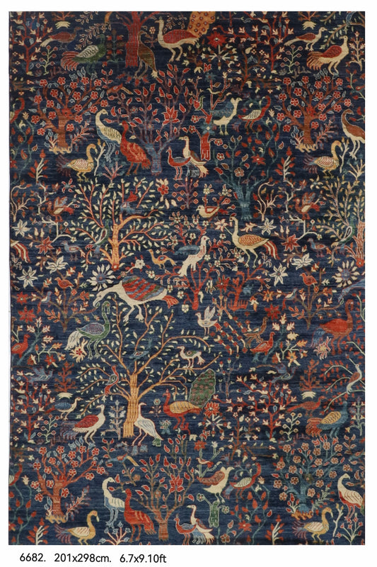 201 x 298 cm | Birds Blue Hand Knotted Wool Afghan Carpet