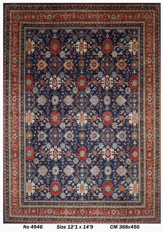 368 x 450 cm |  floral Tribal Blue large Area Rug Afghan Hand Knotted veg Dye Wool carpet