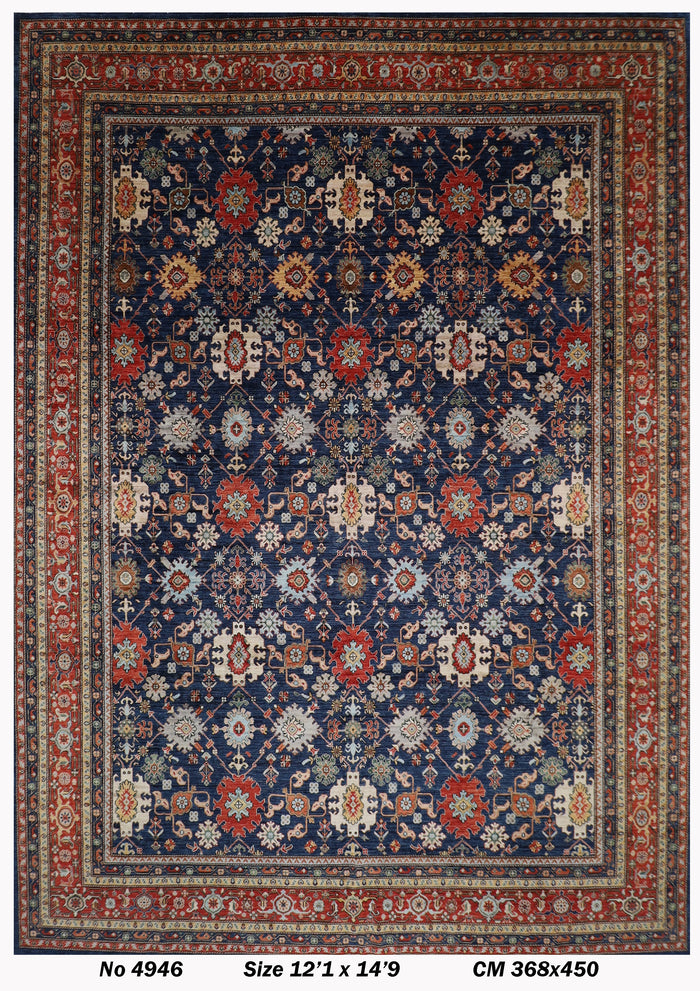 368 x 450 cm |  floral Tribal Blue large Area Rug Afghan Hand Knotted veg Dye Wool carpet