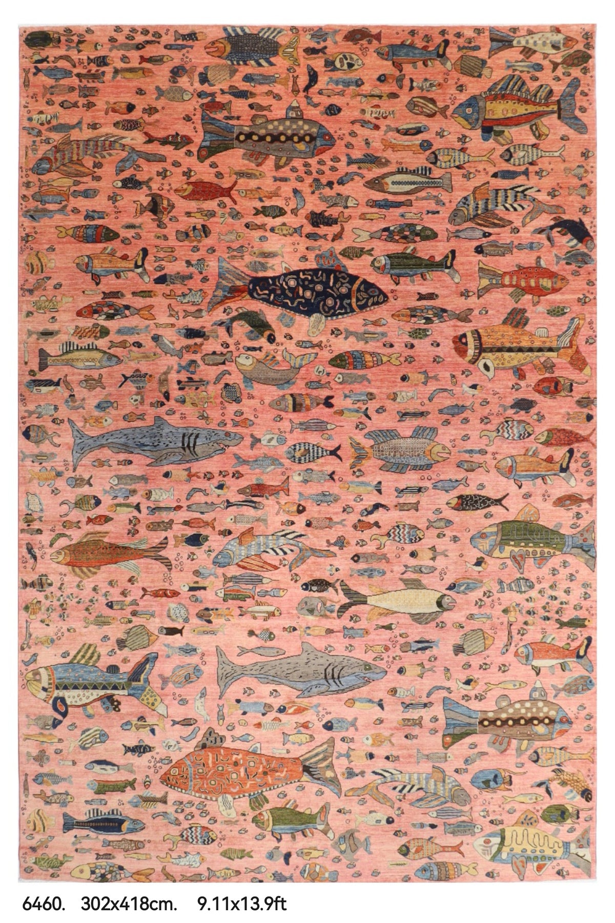 302 x 418 cm | Tribal Fish Pink Design Hand Knotted veg Dye Wool Afghan Carpet
