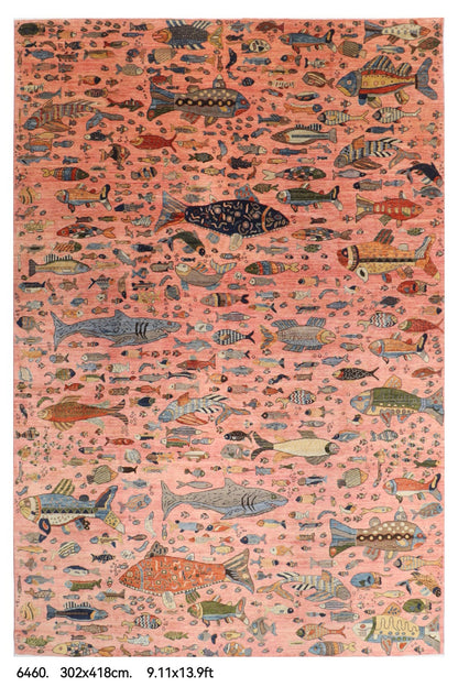 302 x 418 cm | Tribal Fish Pink Design Hand Knotted veg Dye Wool Afghan Carpet
