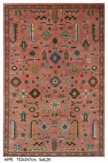 154 x 247 cm | Floral Pink Hand Knotted Wool Afghan Carpet