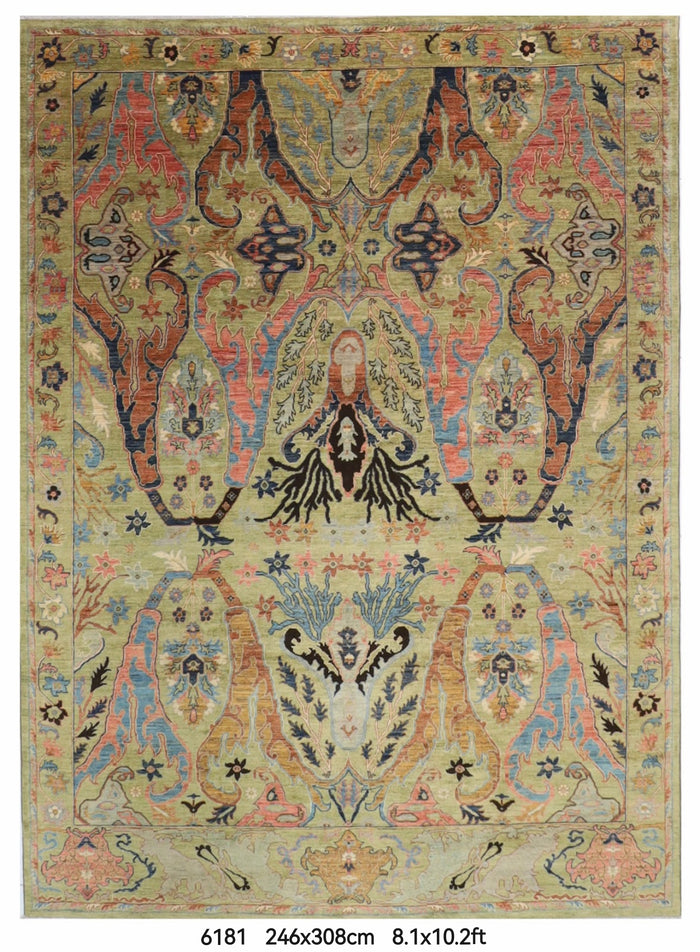 246 x 308 cm | Green Kawros Area Rug Afghan Hand Knotted Veg Dye Wool carpet