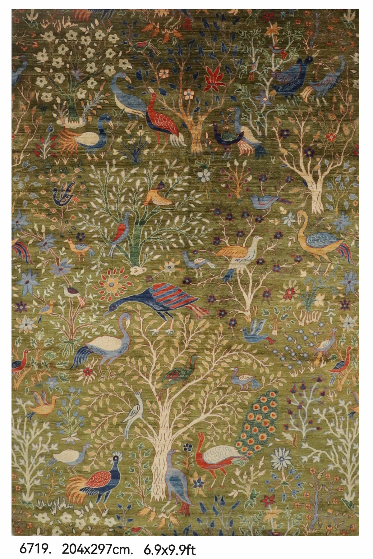 204 x 297 cm | Birds Green Hand Knotted Wool Afghan Carpet