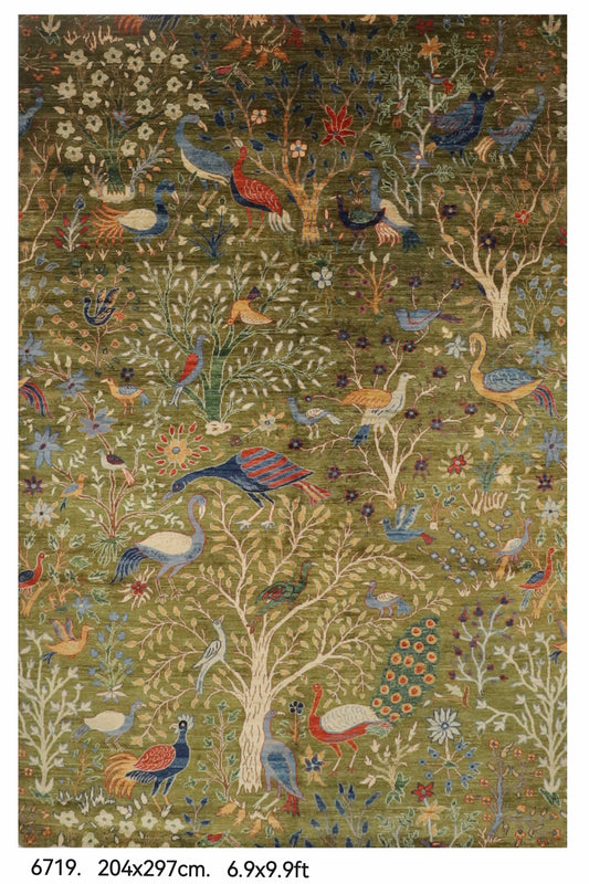 204 x 297 cm | Birds Green Hand Knotted Wool Afghan Carpet