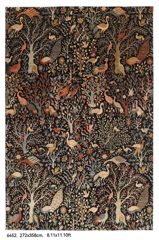 272 x 358 cm | Birds Black Design Hand Knotted veg Dye Wool Afghan Carpet
