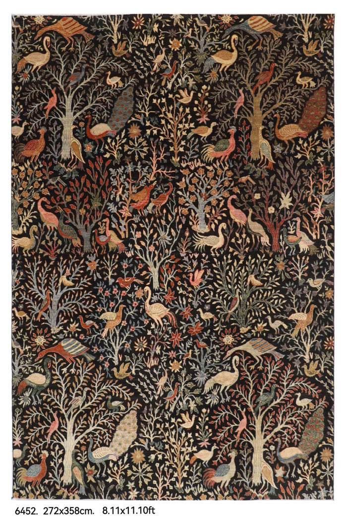 272 x 358 cm | Birds Black Design Hand Knotted veg Dye Wool Afghan Carpet