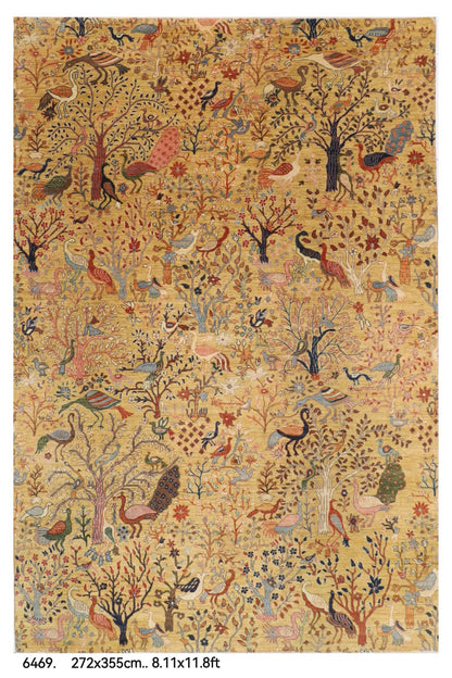 272 x 355 cm | Birds Yellow Design Hand Knotted veg Dye Wool Afghan Carpet