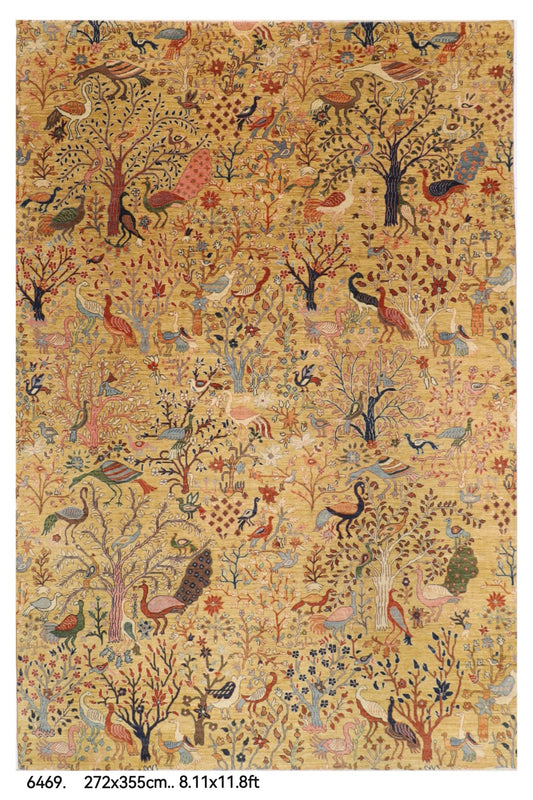 272 x 355 cm | Birds Yellow Design Hand Knotted veg Dye Wool Afghan Carpet