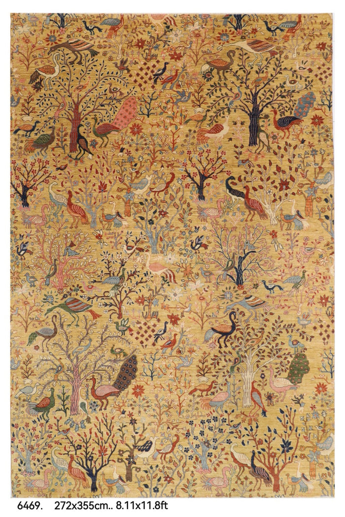 272 x 355 cm | Birds Yellow Design Hand Knotted veg Dye Wool Afghan Carpet