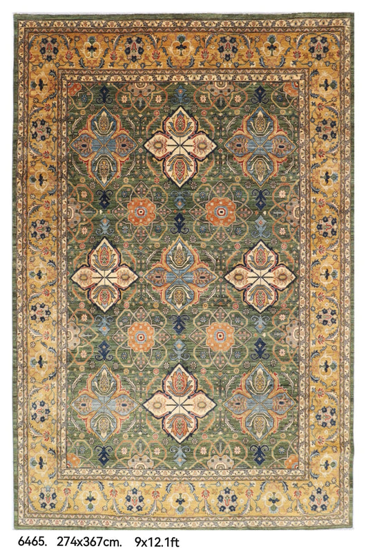 274 x 364 cm | Tribal Green Design Hand Knotted veg Dye Wool Afghan Carpet