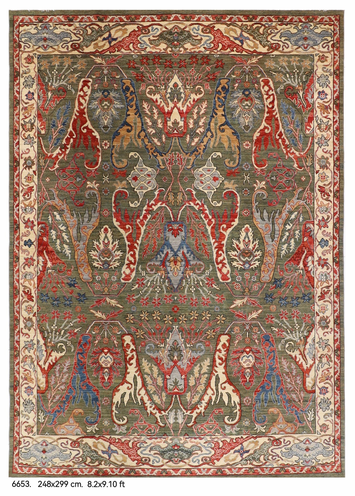 248 x 299 cm | Kawros Green Design Hand Knotted Wool Afghan Carpet