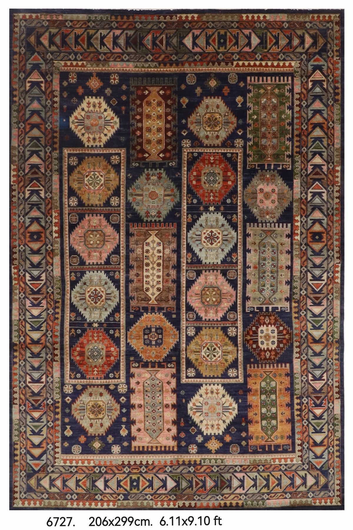 206 x 299 cm | Waziri Navy Blue Hand Knotted Wool Afghan Carpet