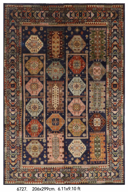 206 x 299 cm | Waziri Navy Blue Hand Knotted Wool Afghan Carpet