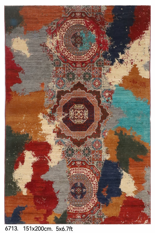 151 x 200 cm | Mamluk Abstract Hand Knotted Wool Afghan Carpet