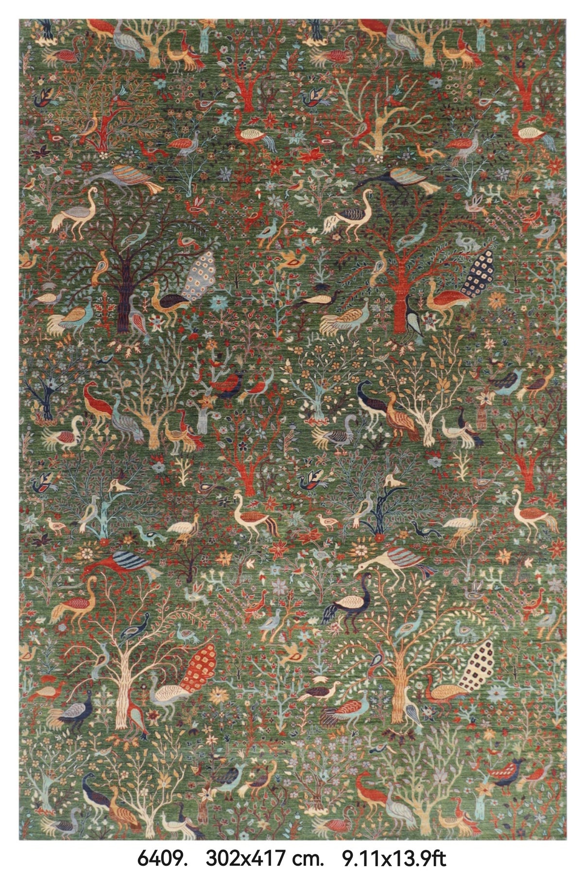 302 x 417 cm | Large Birds Green Hand Knotted veg Dye Wool Afghan Carpet
