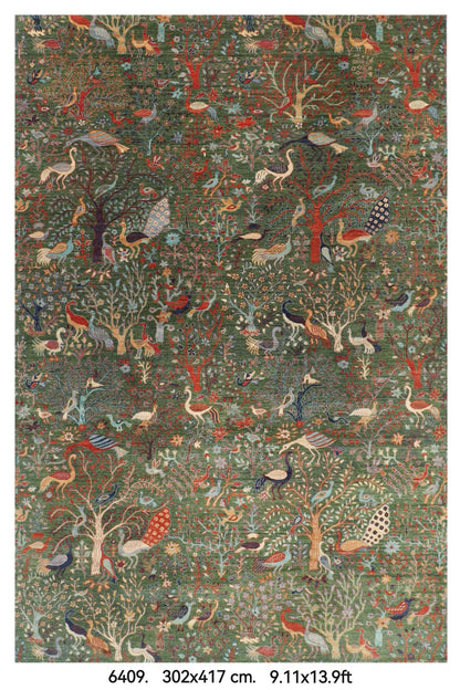 302 x 417 cm | Large Birds Green Hand Knotted veg Dye Wool Afghan Carpet