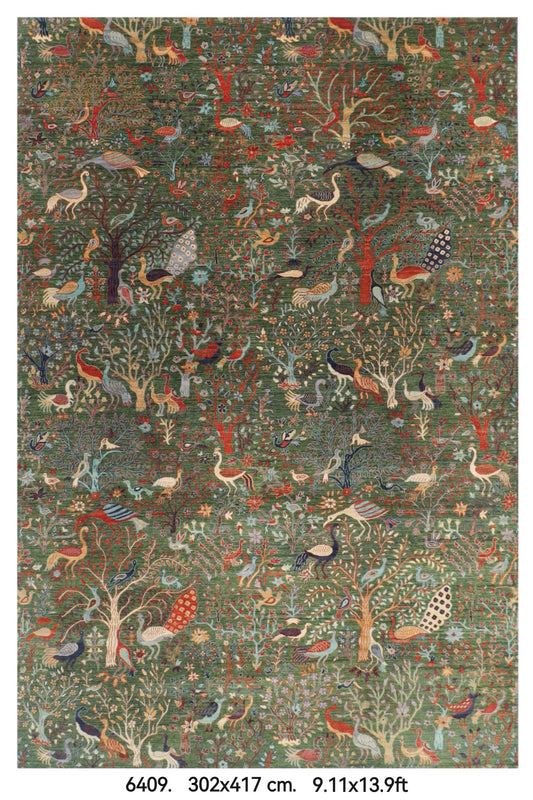 302 x 417 cm | Large Birds Green Hand Knotted veg Dye Wool Afghan Carpet