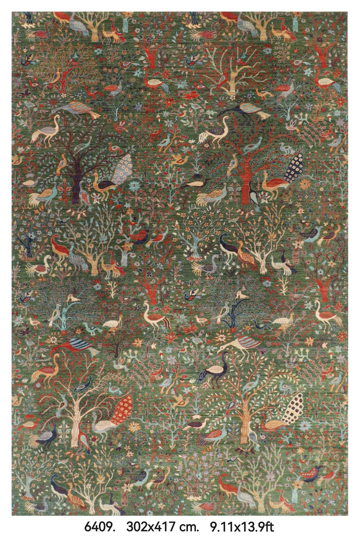 302 x 417 cm | Large Birds Green Hand Knotted veg Dye Wool Afghan Carpet