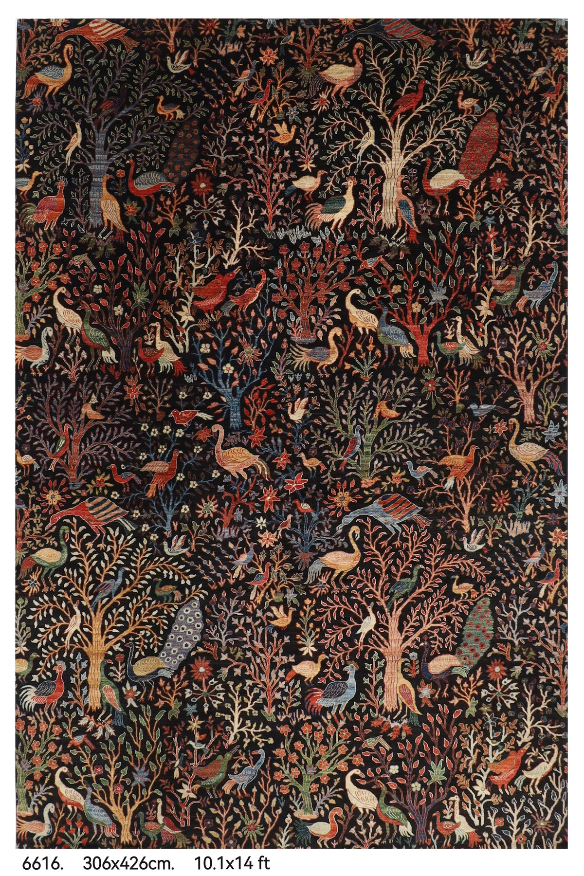 306 x 426 cm | Birds Black Design Hand Knotted Wool Afghan Carpet