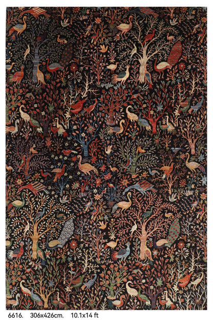 306 x 426 cm | Birds Black Design Hand Knotted Wool Afghan Carpet